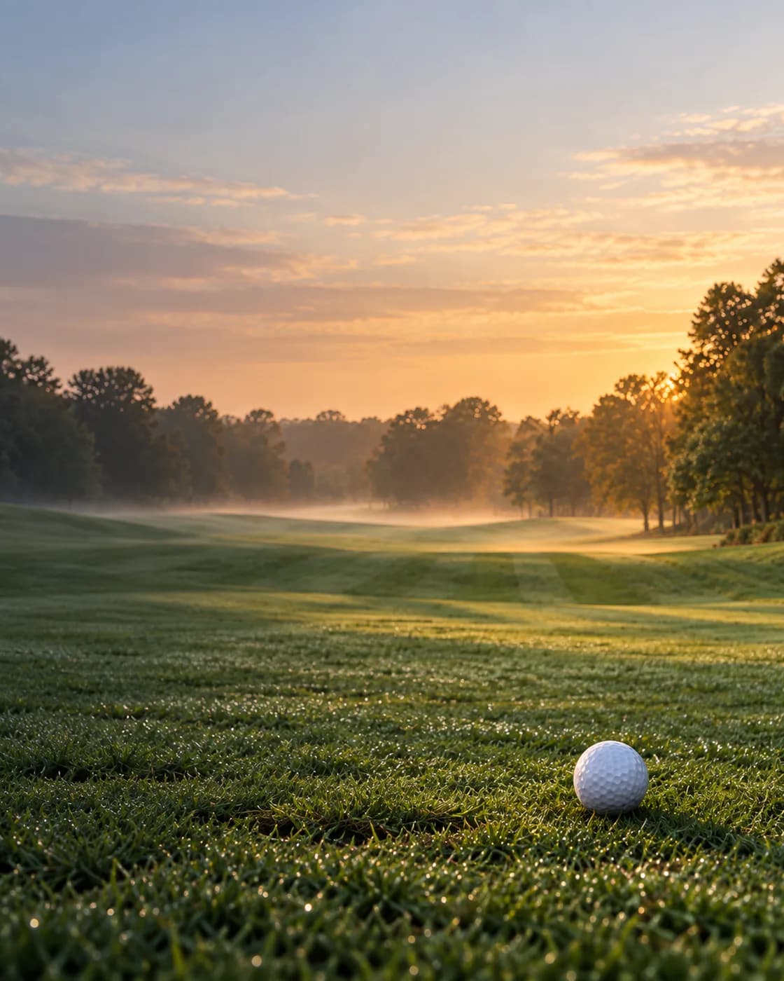 A golf ball sits in the dew on a mown fairway at sunrise, with mist in the trees beyond.