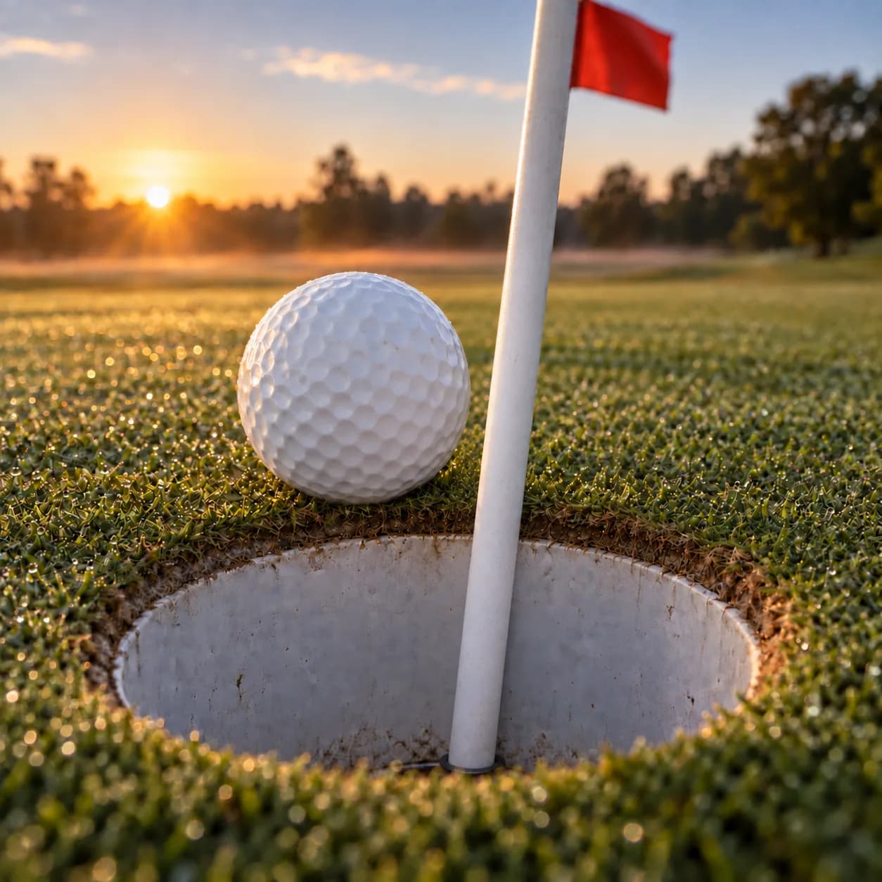 A golf ball rests on the lip of the cup, with the flagstick in the hole, at sunrise.