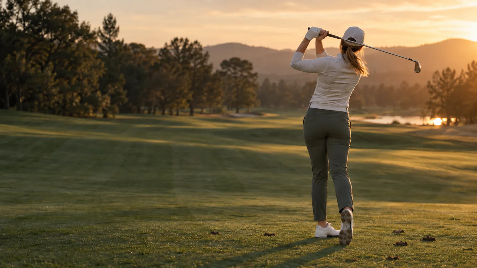 A golfer holds her finish after an iron shot on a fairway at sunset, seen from behind.