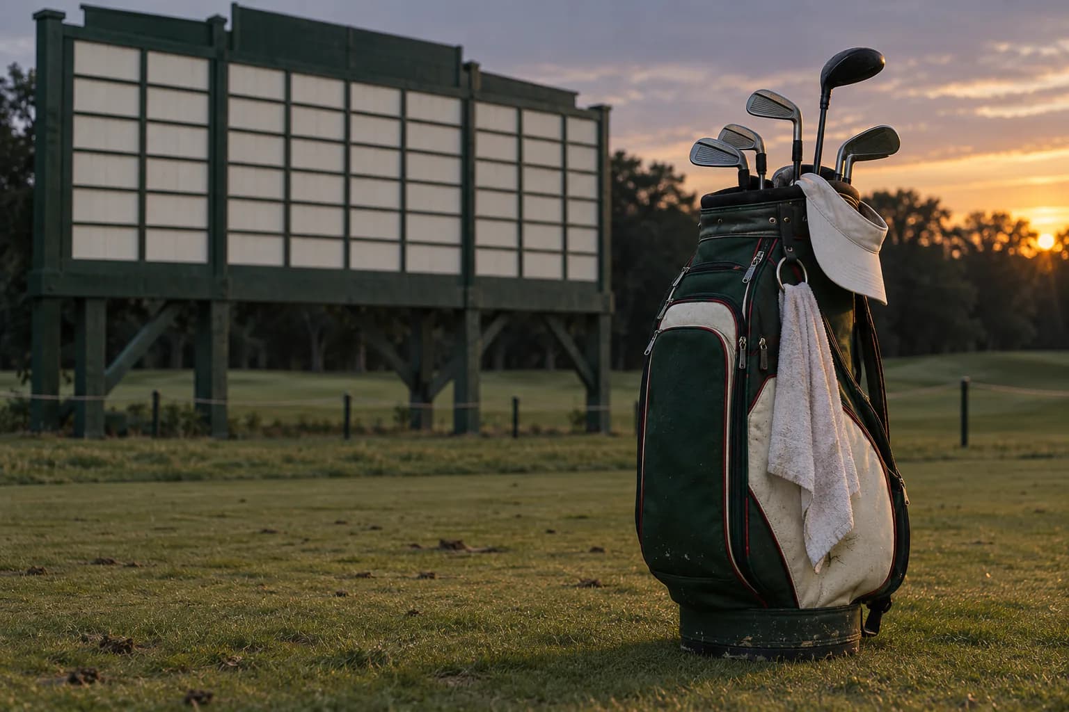A green-and-cream golf bag with clubs, a white visor and a towel beside a blank scoreboard at sunset.