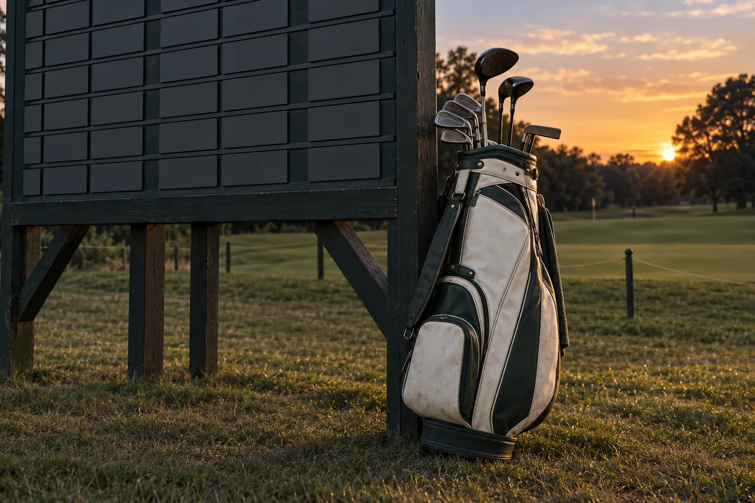 A green-and-cream golf bag beside a blank manual scoreboard at dusk.